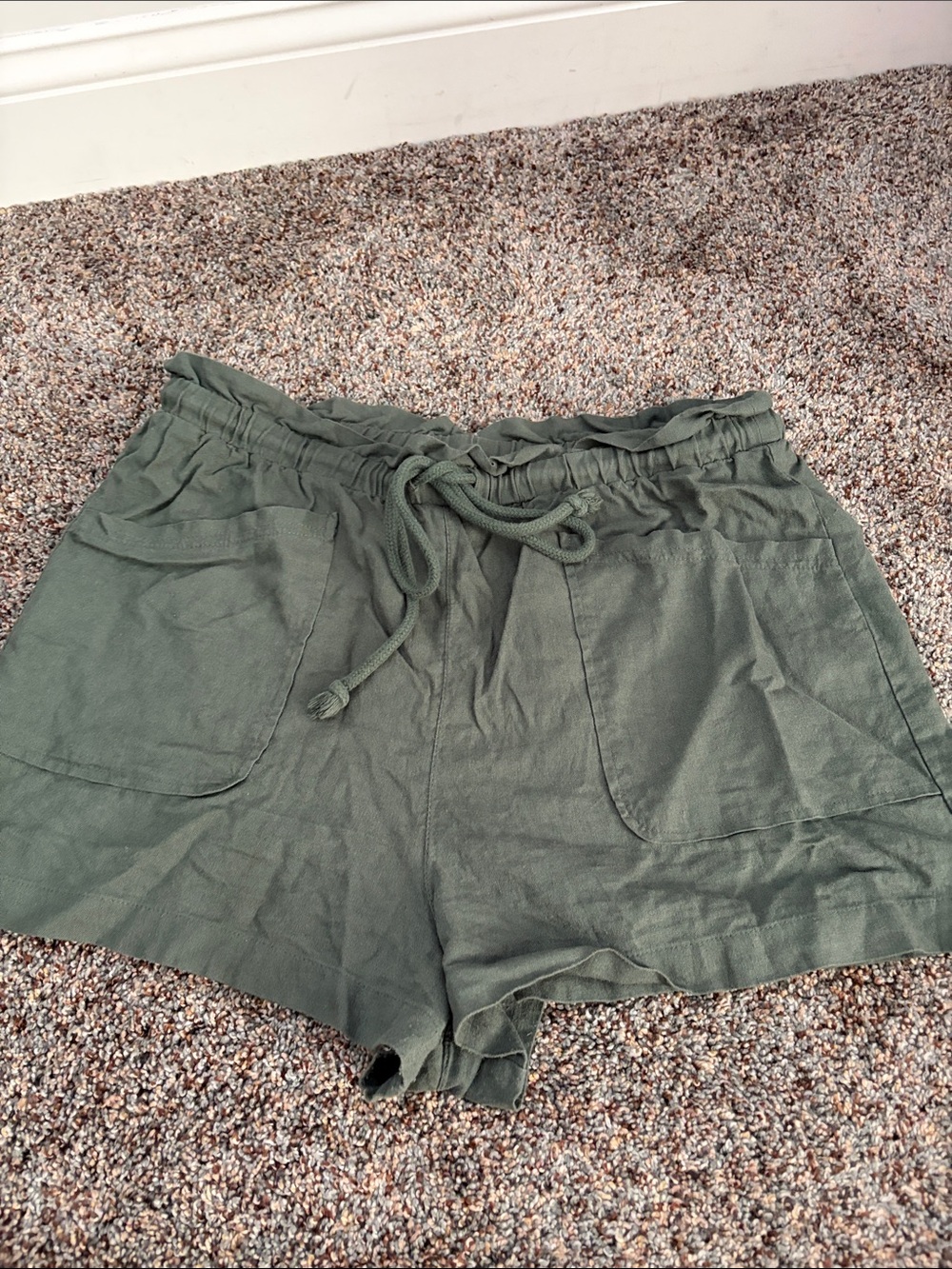 Olive Green Drawstring Women's Linen Blend Shorts w/Pockets